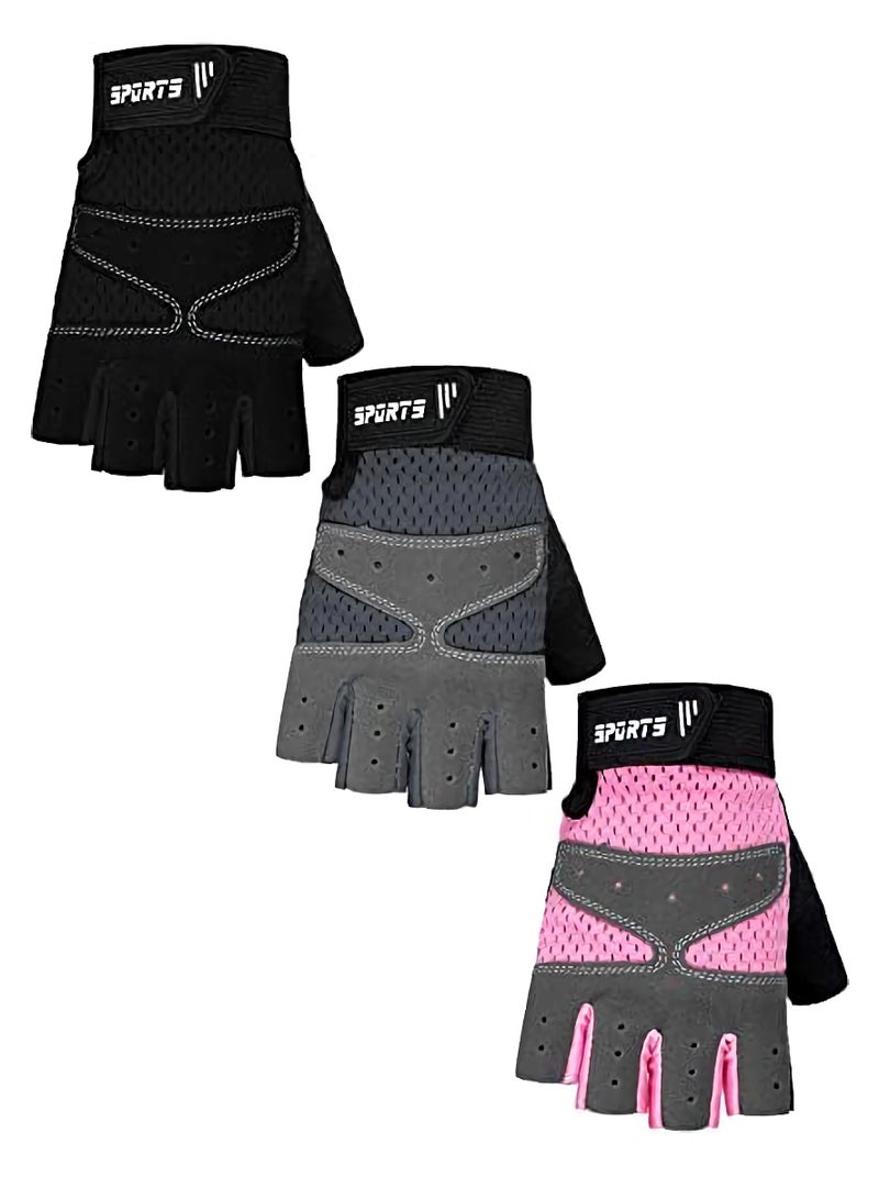 Kids Half Fingerless Gloves, Cycling Gloves Non-Slip Gel Adjustable Sports for kids Biking, Pink Grey Black 3 Pairs - Image 1